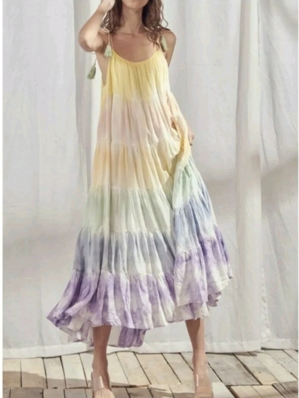 Storia Pastel Ombre Tiered Maxi Dress with Tie Straps...Size:S